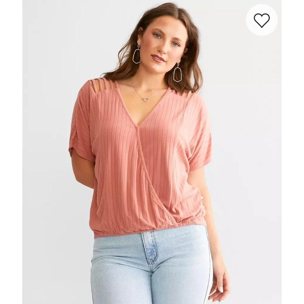 NWT Daytrip Buckle Pink Ribbed Caged Lattice Neck Surplice Wrap Top L